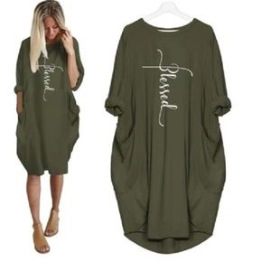 8pcs Blessed Letters Print Pocket Women T-Shirt